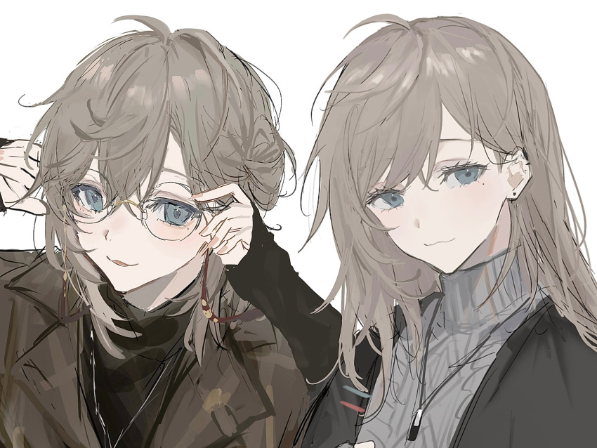 1boy :3 absurdres ahoge angel black_jacket black_sweater blue_eyes blush brown_coat brown_hair coat ear_piercing glasses grey_eyes grey_sweater highres jacket jewelry kanae_(nijisanji) long_sleeves low_ponytail mole mole_under_eye multiple_views necklace nijisanji nokoru_sora open_clothes open_jacket piercing rimless_eyewear round_eyewear side_ponytail smile sweater turtleneck turtleneck_sweater virtual_youtuber wavy_hair