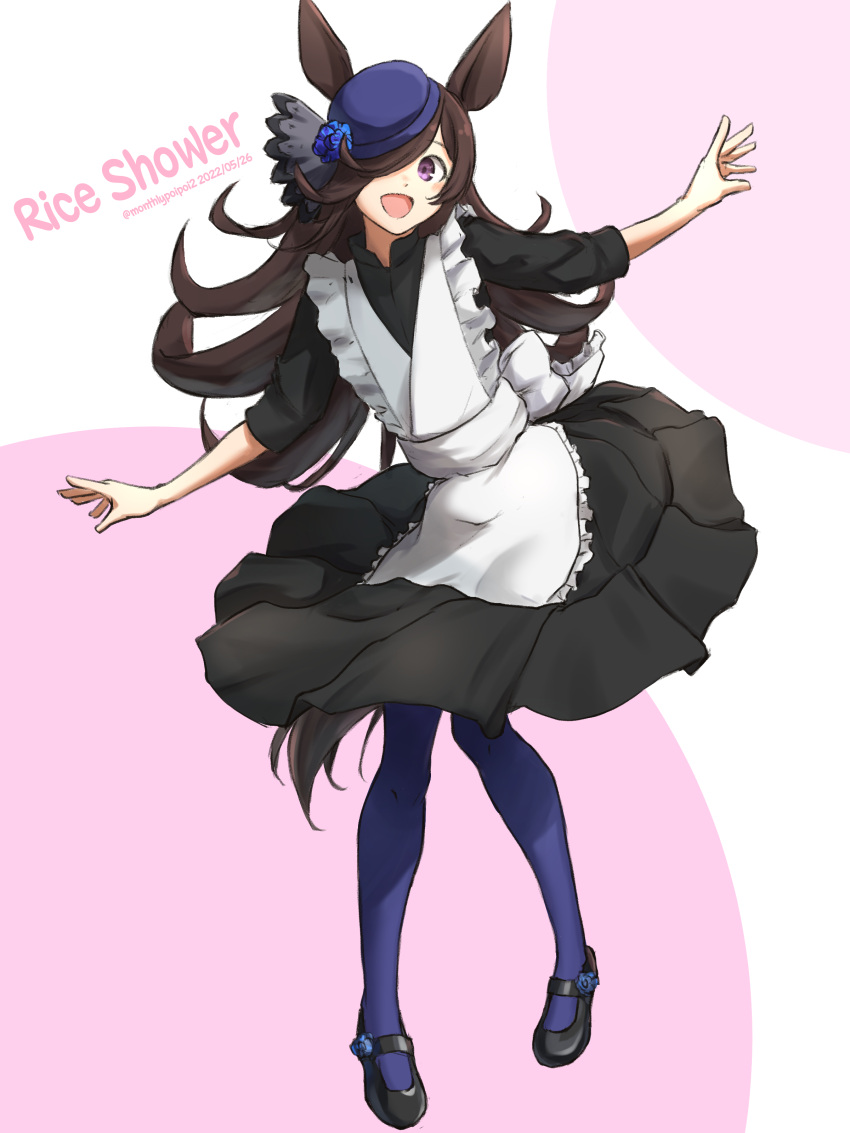 1girl :d absurdres alternate_costume animal_ears apron black_dress black_footwear blue_flower blue_headwear blue_legwear blue_rose brown_hair character_name dated dress enmaided flower full_body hair_over_one_eye hat hat_flower highres horse_ears horse_girl long_hair looking_at_viewer maid maid_apron mary_janes pantyhose purple_eyes rice_shower_(umamusume) rose shoes smile solo tilted_headwear umamusume umibudou