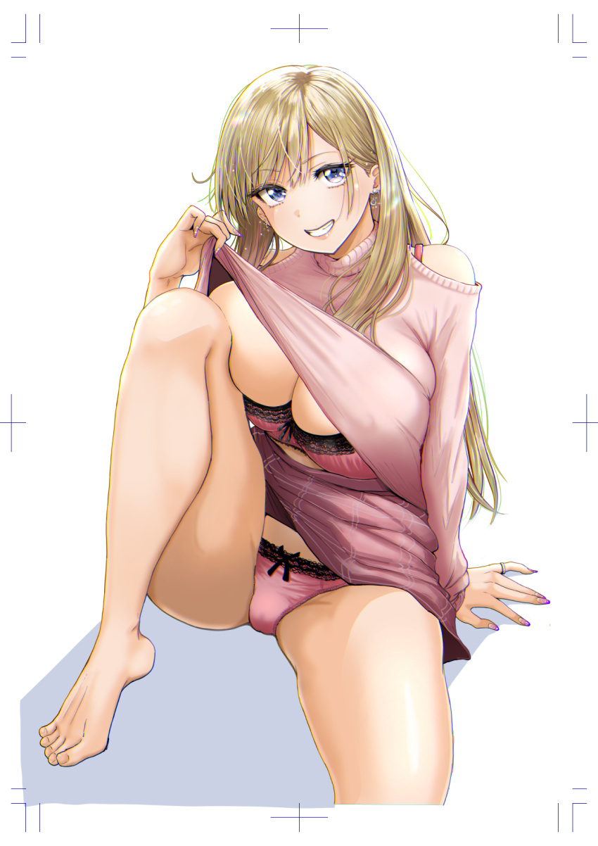 1girl arm_support bangs bare_shoulders barefoot blush bow bow_panties bra breasts cleavage clothes_lift clothing_cutout comic_kairakuten earrings fingernails grin highres jewelry lace-trimmed_bra lace-trimmed_panties lace_trim large_breasts lifted_by_self light_brown_hair lipstick long_hair long_sleeves looking_at_viewer makeup nail_polish panties pink_bra pink_panties pink_sweater piston_ring purple_eyes purple_nails ring shadow shirt_lift shoulder_cutout simple_background sitting skirt smile solo sweater teeth thighs toenails toes turtleneck turtleneck_sweater underwear very_long_hair white_background
