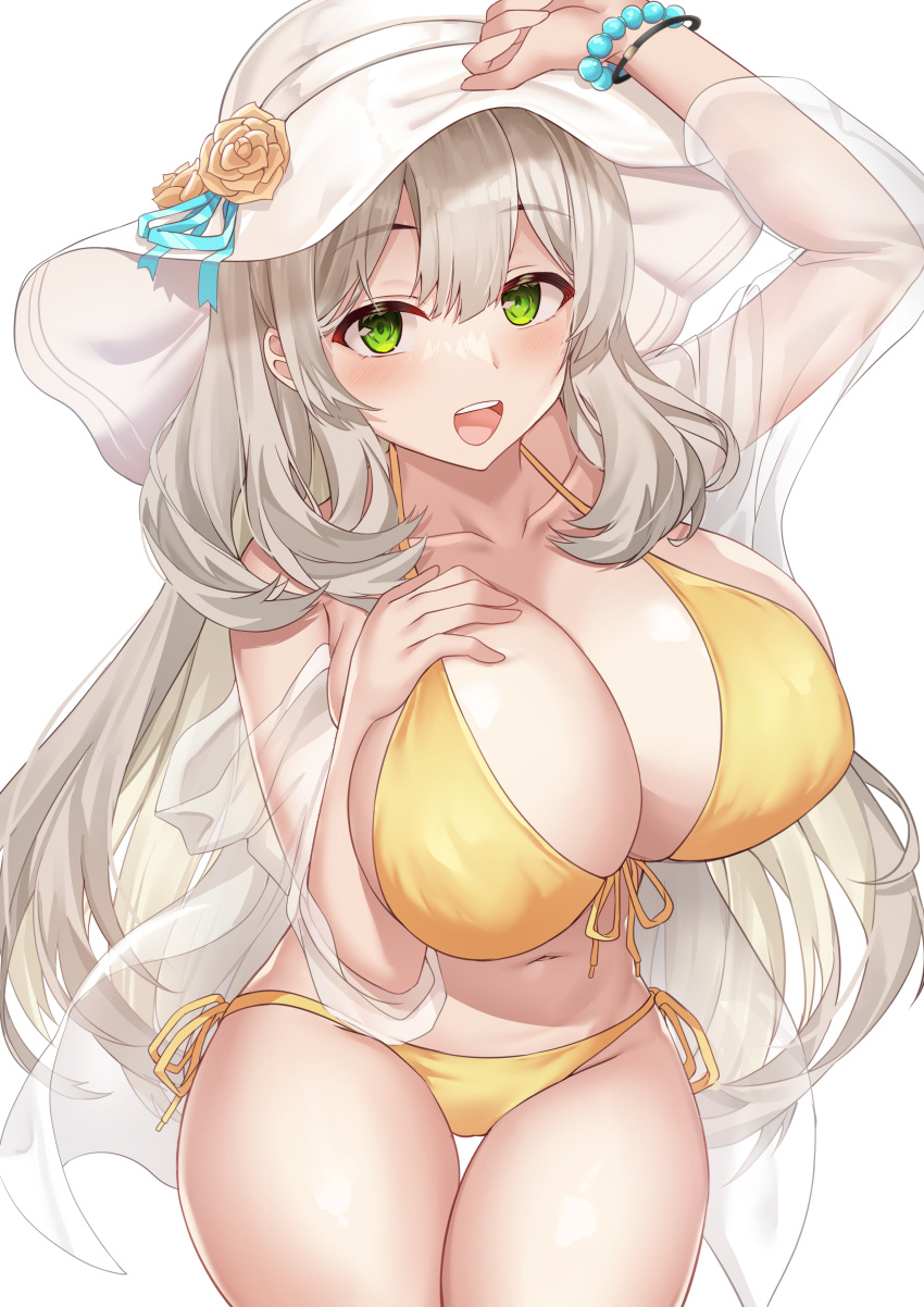 1girl :d absurdres bangs bikini blue_archive blush breasts cleavage deogho_(liujinzy9854) flower green_eyes hand_on_headwear hand_on_own_chest hat hat_flower highres jacket korean_commentary large_breasts light_brown_hair long_hair looking_at_viewer navel nonomi_(blue_archive) open_mouth see-through see-through_jacket side-tie_bikini simple_background smile solo standing sun_hat swimsuit teeth upper_teeth very_long_hair white_background yellow_bikini