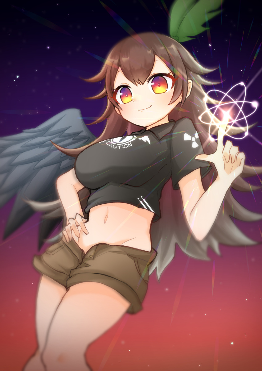 1girl absurdres alternate_costume atom bangs bird_wings black_shirt black_wings blush bow breasts brown_eyes brown_hair brown_shorts closed_mouth collared_shirt crop_top feet_out_of_frame green_bow groin hair_bow hand_on_hip highres large_breasts long_hair looking_at_viewer midriff navel radiation_symbol reiuji_utsuho shiki_karin shirt short_shorts short_sleeves shorts single_wing smile solo touhou wings
