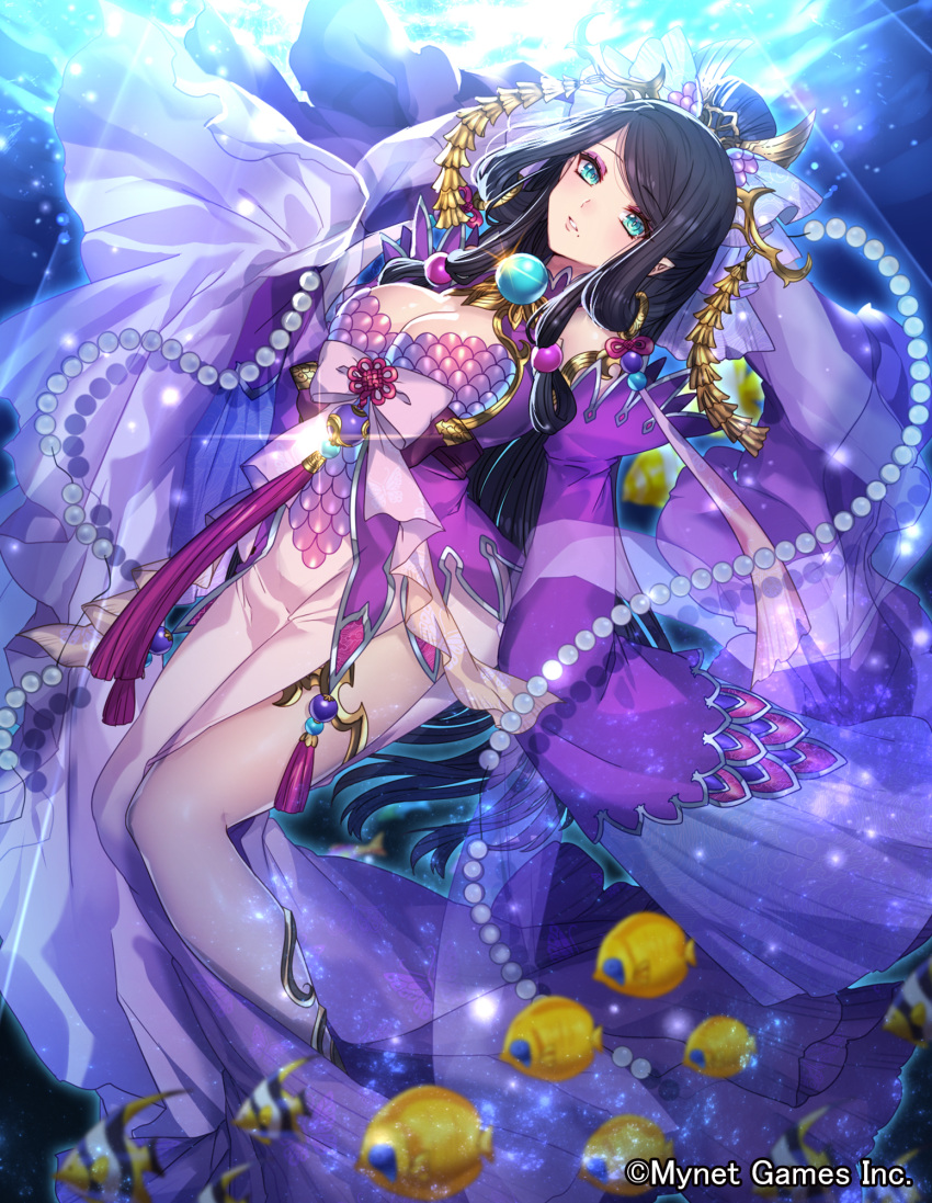 1girl bad_leg beads black_hair bow breasts bubble cleavage company_name detached_sleeves duplicate fish glint gyakushuu_no_fantasica hair_beads hair_ornament headpiece highres jewelry katagiri_hachigou long_hair looking_at_viewer mole mole_under_mouth necklace official_art outdoors parted_lips pearl_necklace pixel-perfect_duplicate pointy_ears solo tassel thighlet tropical_fish underwater watermark white_bow wide_sleeves xi_shi_(gyakushuu_no_fantastica)