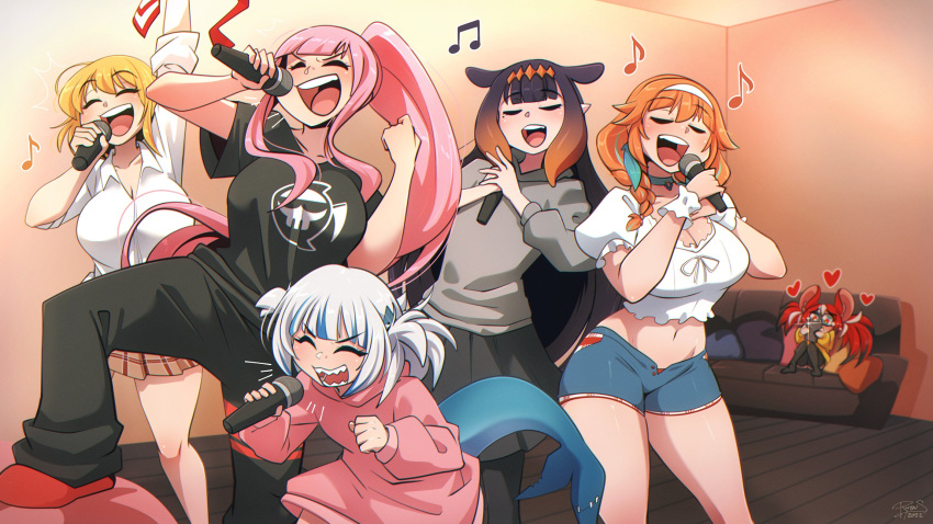 animal_ears bangs black_hair blonde_hair blue_hair blunt_bangs blush couch crop_top fish_tail gawr_gura hair_ornament hakos_baelz heart highres hololive hololive_english hood hoodie long_hair midriff mori_calliope mouse_ears mouse_girl multicolored_hair multiple_girls navel ninomae_ina'nis open_mouth orange_hair pink_hair pointy_ears purple_hair red_hair ryou_sakai shark_tail sharp_teeth short_shorts short_sleeves shorts skirt streaked_hair tail takanashi_kiara teeth tentacle_hair twintails two_side_up virtual_youtuber watson_amelia white_hair