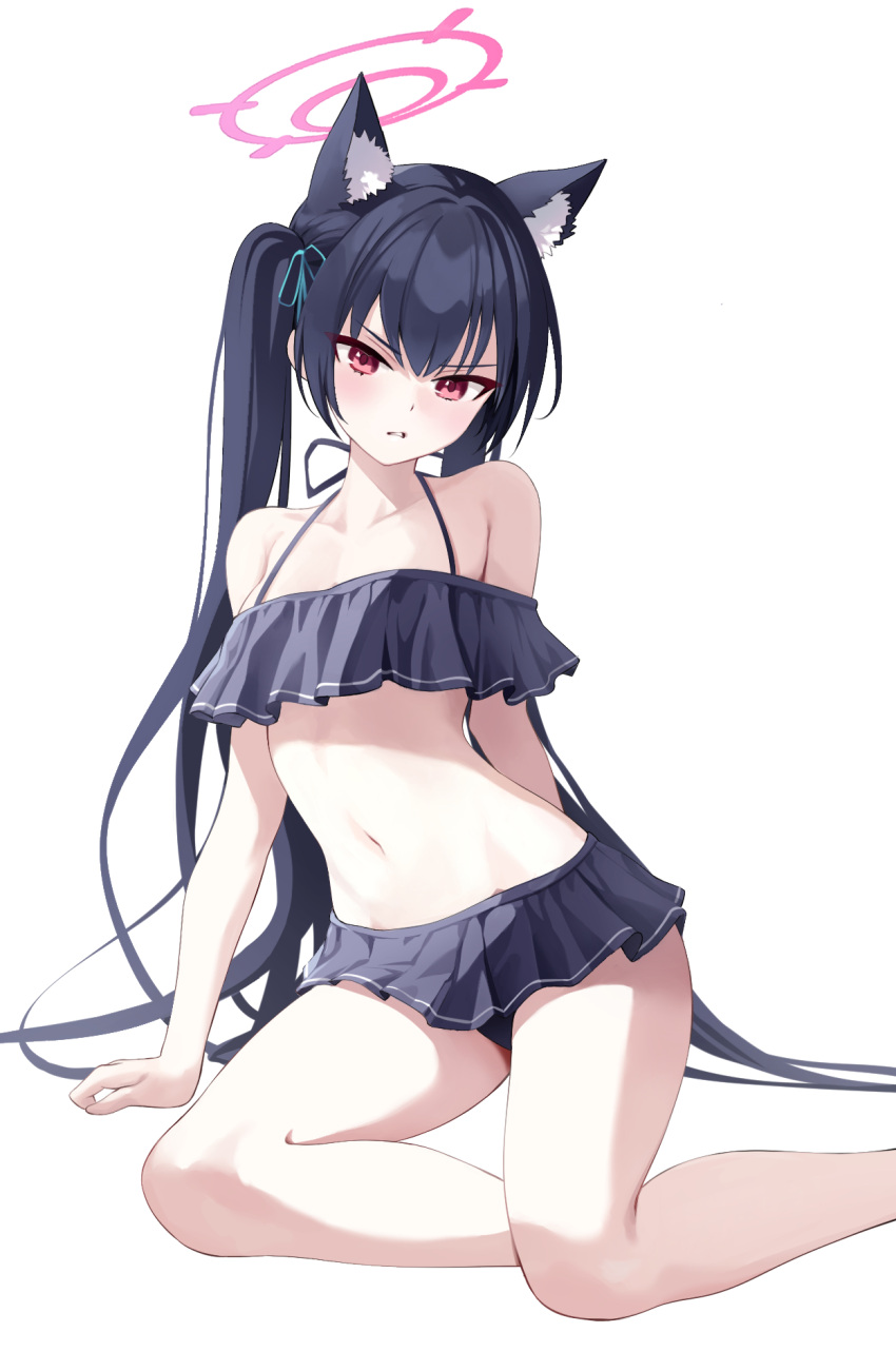 1girl animal_ear_fluff animal_ears arm_support bare_legs bare_shoulders bikini bikini_skirt black_bikini black_hair blue_archive collarbone extra_ears feet_out_of_frame frilled_bikini frills hair_ribbon halo halter_top halterneck highres long_hair looking_at_viewer midriff navel off-shoulder_bikini off_shoulder parted_lips rable red_eyes ribbon serika_(blue_archive) serika_(swimsuit)_(blue_archive) side_ponytail sitting solo stomach swimsuit thighs v-shaped_eyebrows very_long_hair yokozuwari