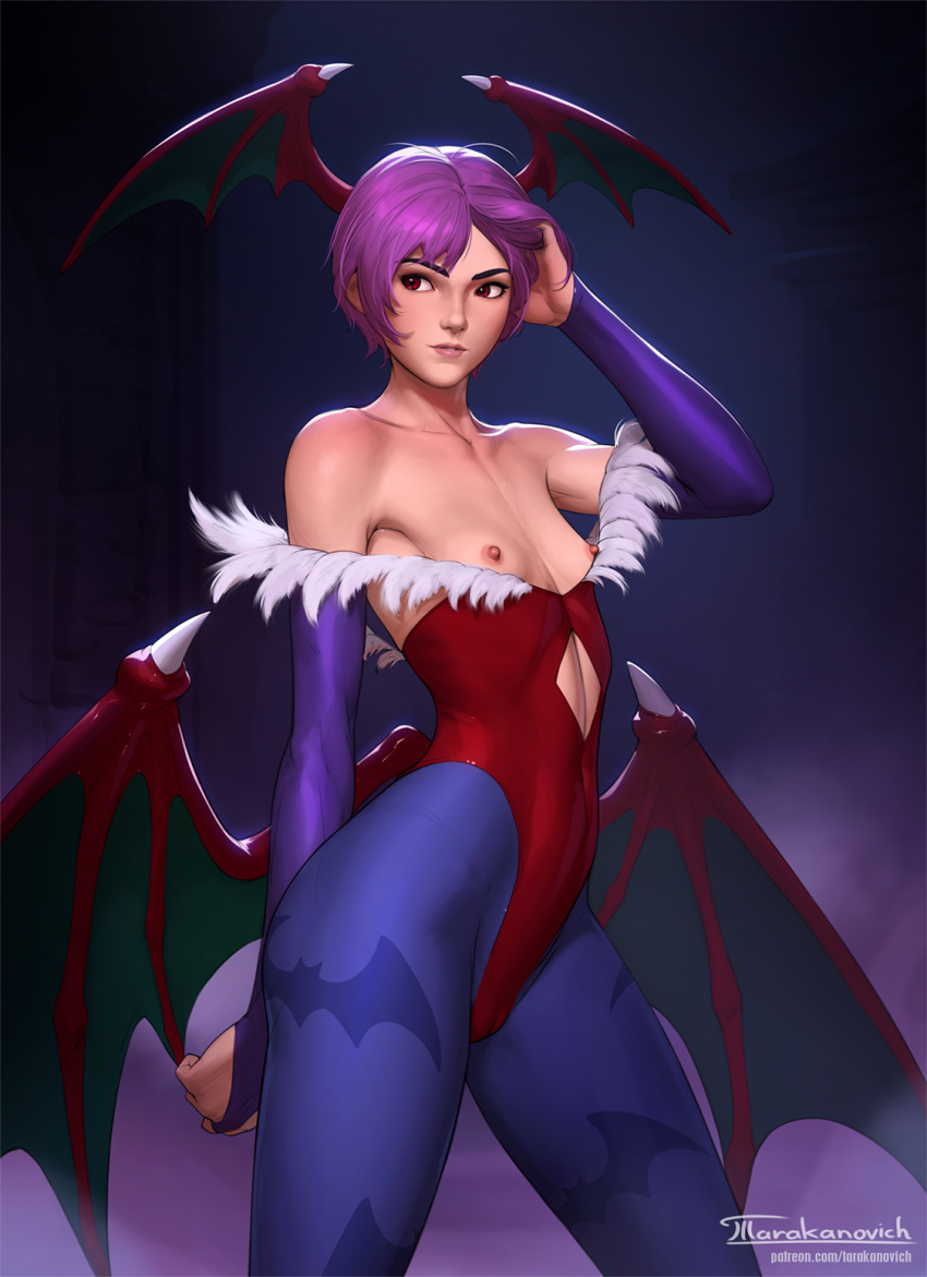 1girl animal_print artist_name bare_shoulders bat_print blue_legwear breasts bridal_gauntlets cameltoe collarbone commentary demon_wings elbow_gloves english_commentary gloves hand_in_own_hair head_wings highres leotard lilith_aensland low_wings nipples pantyhose print_legwear purple_gloves purple_hair red_eyes red_leotard short_hair small_breasts solo tarakanovich vampire_(game) wings