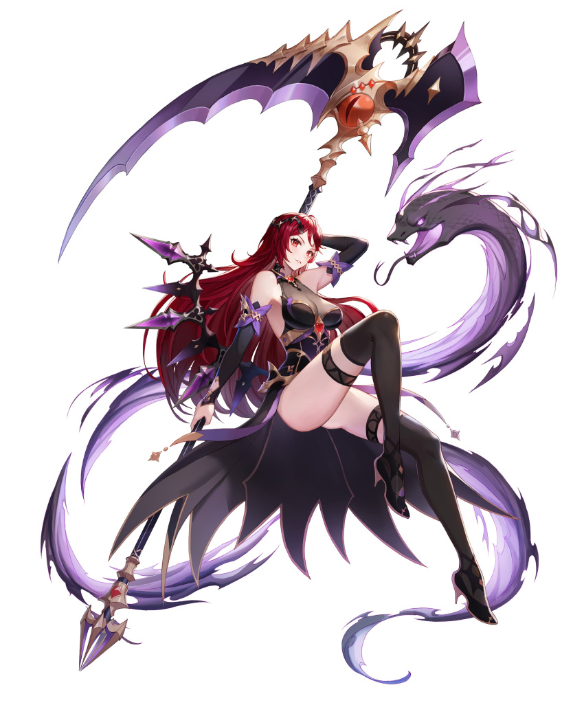 1girl absurdres bangs bare_shoulders black_legwear blush breasts commentary_request dress full_body hair_ornament high_heels highres holding holding_weapon king's_raid lips long_hair looking_at_viewer medium_breasts mole mole_under_eye official_art parted_lips polearm red_eyes red_hair scythe shiny shiny_hair simple_background sleeveless smile solo taejoo_lee thighhighs thighs weapon white_background