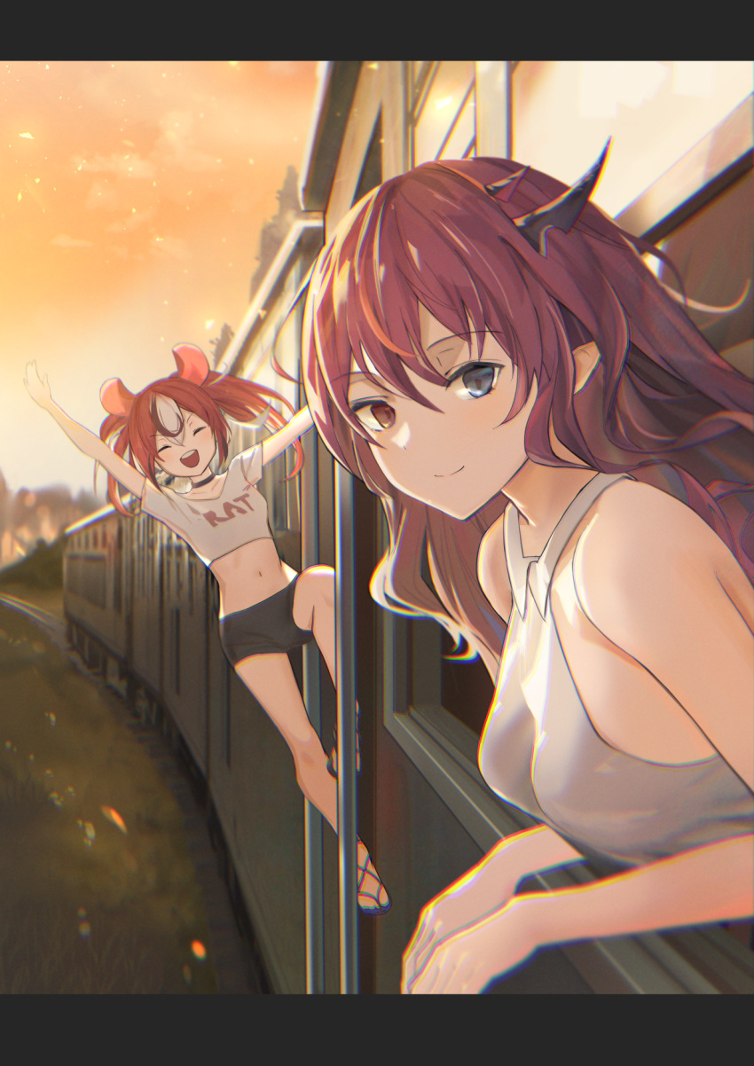 2girls animal_ears casual choker closed_eyes crop_top dolphenry ground_vehicle hakos_baelz heterochromia highres hololive hololive_english horns irys_(hololive) midriff mouse_ears multiple_girls navel pointy_ears purple_hair red_hair sandals shirt shorts sleeveless sleeveless_shirt smile through_window train twilight twintails virtual_youtuber