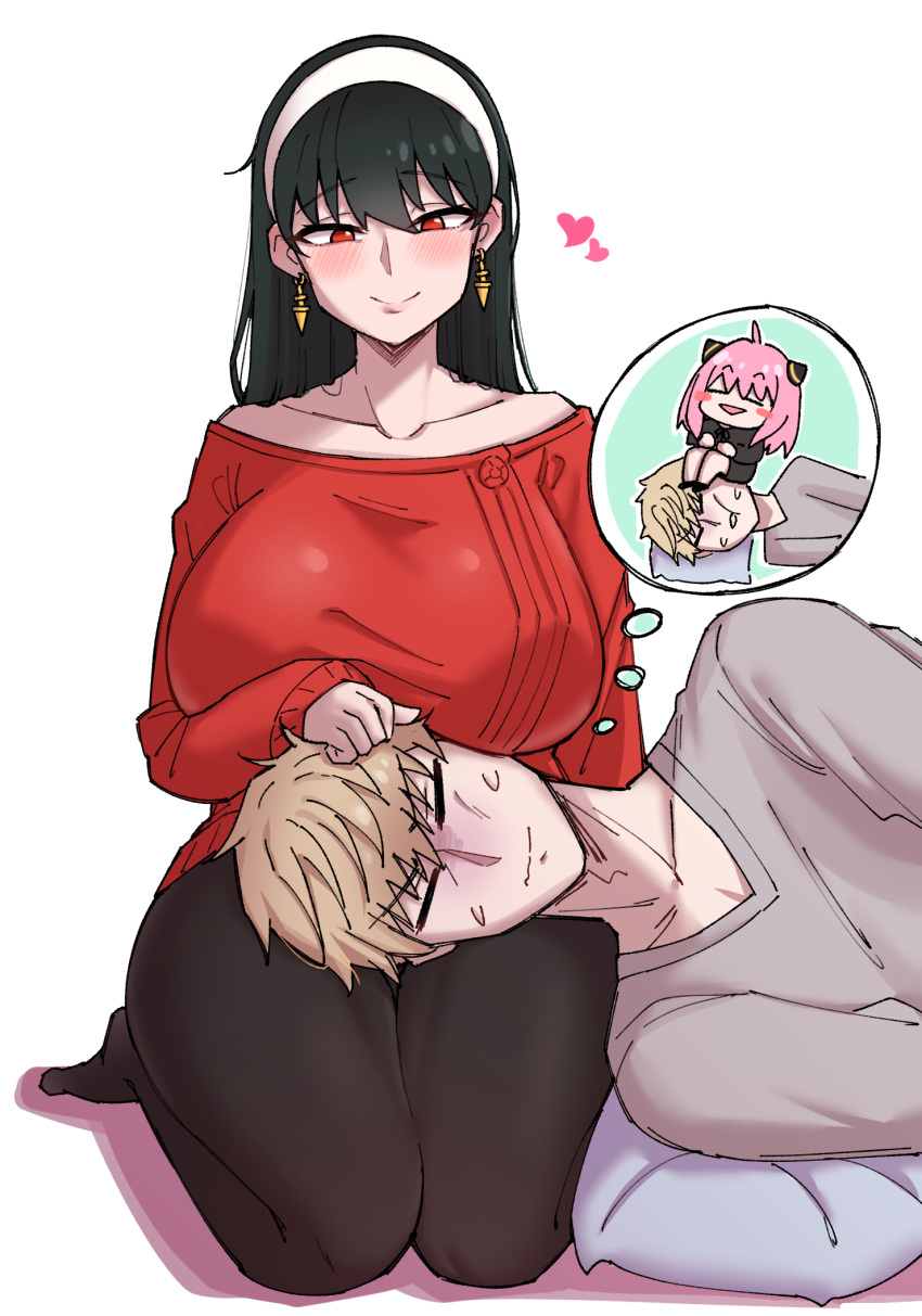 1boy 2girls anya_(spy_x_family) bare_shoulders black_hair black_legwear blonde_hair blush blush_stickers breast_rest breasts breasts_on_head closed_eyes collarbone earrings feet gyu_(kgh9081) half-closed_eyes happy heart hetero highres husband_and_wife jewelry lap_pillow large_breasts long_hair long_sleeves multiple_girls off-shoulder_sweater off_shoulder pantyhose pillow pink_hair red_eyes red_sweater seiza simple_background sitting sitting_on_person spy_x_family sweatdrop sweater thighs thought_bubble twilight_(spy_x_family) white_background yor_briar
