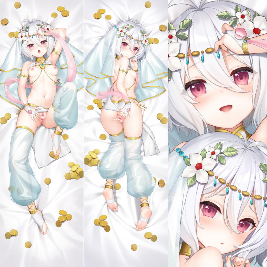 1girl anklet antenna_hair armlet ass bangs bar_censor blush bracelet breasts breasts_apart bridal_gauntlets bridal_legwear censored circlet closed_mouth coin dakimakura_(medium) detached_leggings flower gold_coin hair_between_eyes hair_flower hair_ornament highres jewelry kokkoro_(princess_connect!) looking_at_viewer lying multiple_views nipples no_shoes on_back on_bed on_stomach open_mouth parted_lips petals princess_connect! pussy red_eyes short_hair small_breasts spread_pussy stirrup_legwear toeless_legwear white_flower white_hair yutian_alice