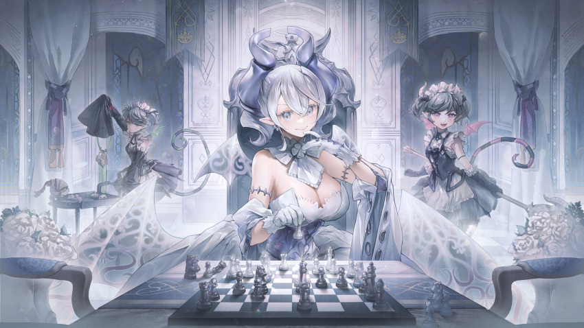 4girls absurdres arm_up banner bare_shoulders bouquet breasts chess_piece chessboard chibi cleavage curtains demon_girl demon_horns demon_tail demon_wings detached_collar detached_sleeves dress duel_monster finger_to_own_chin gloves green_eyes grey_eyes grey_hair highres holding_chess_piece horns indoors knight_(yu-gi-oh!) labrynth_of_the_silver_castle labrynth_servant_arianna labrynth_servant_arianne large_breasts low_wings maid_headdress multiple_girls no.18 open_mouth pink_eyes short_hair sitting sleeveless sleeveless_dress sleeves_past_fingers sleeves_past_wrists table tail throne white_dress wings yu-gi-oh!