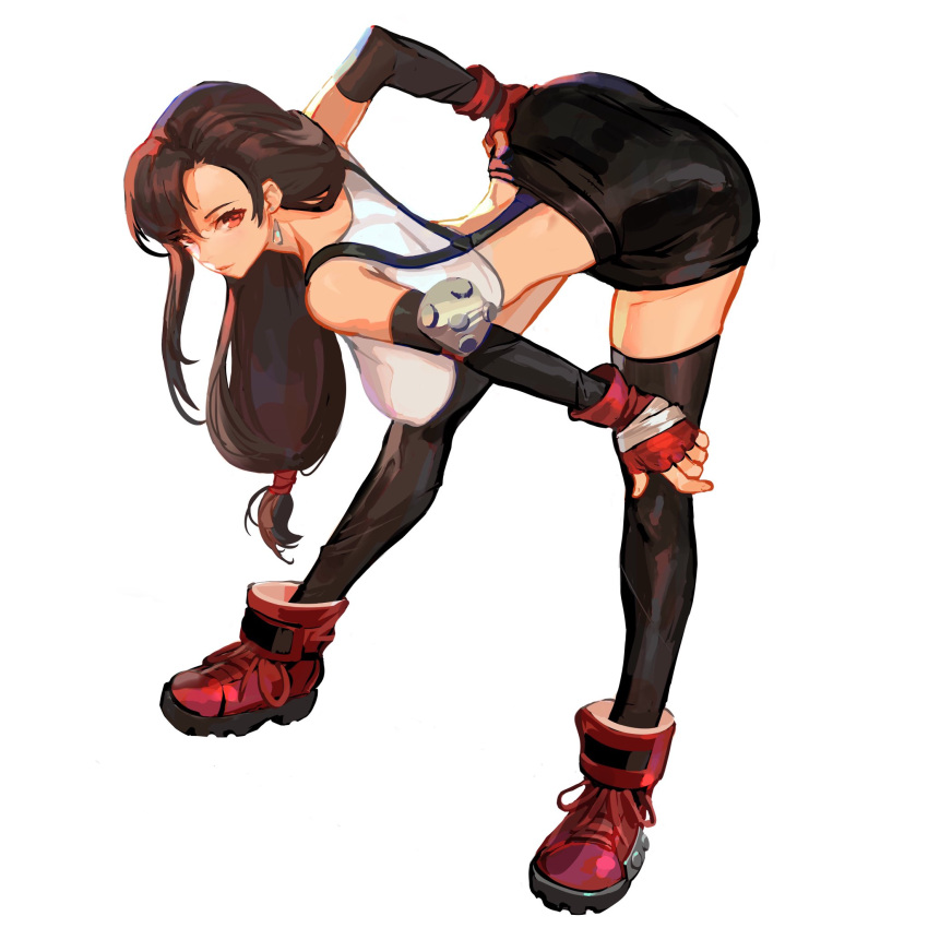 1girl asymmetrical_hair bandaged_hand bandages bent_over black_legwear breasts brown_hair earrings elbow_pads final_fantasy final_fantasy_vii final_fantasy_vii_remake fingerless_gloves full_body gloves hair_over_shoulder hand_on_hip highres james_ghio jewelry large_breasts long_hair low-tied_long_hair midriff red_eyes shirt skirt solo stretch suspender_skirt suspenders tifa_lockhart white_background white_shirt