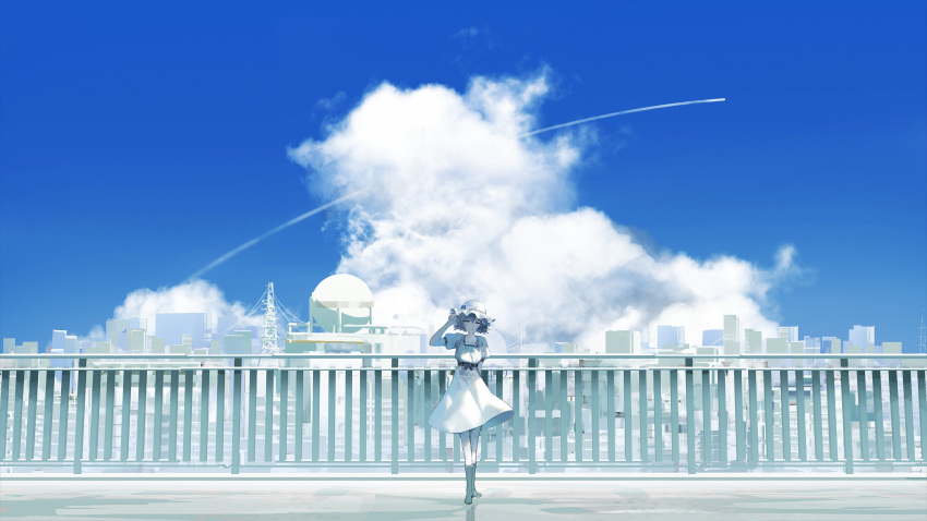 1girl absurdres black_sash blue_sky boots closed_mouth cloud contrail day dress green_eyes hand_up hat highres looking_at_viewer outdoors puffy_short_sleeves puffy_sleeves railing rsef sash shiina_mayuri short_sleeves sky smile solo steins;gate white_dress white_headwear wide_shot