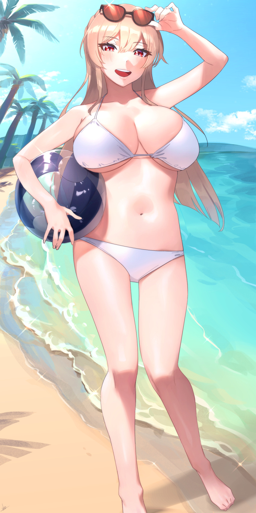 1girl :d absurdres arm_up ball bare_arms bare_shoulders barefoot beach beachball bikini blonde_hair breasts cleavage day eyewear_on_head full_body furen_e_lustario halter_top halterneck hand_on_eyewear highres holding large_breasts long_hair looking_at_viewer navel nijisanji open_mouth outdoors red_eyes smile solo standing stomach string_bikini sunglasses swimsuit thighs ubo_(ubo_tales) virtual_youtuber white_bikini