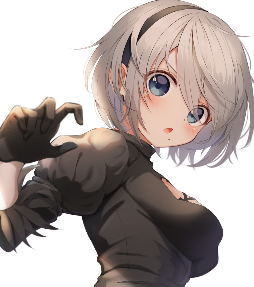 1girl :o bangs black_dress black_gloves black_hairband blue_eyes blush breasts clothing_cutout dress from_below from_side gloves grey_hair hair_between_eyes hairband highres impossible_clothes impossible_dress juliet_sleeves long_sleeves looking_at_viewer medium_breasts mole mole_under_mouth nier_(series) nier_automata open_mouth puffy_sleeves short_hair simple_background swept_bangs taut_clothes taut_dress tight tight_dress upper_body usami_(usami_l) white_background yorha_no._2_type_b