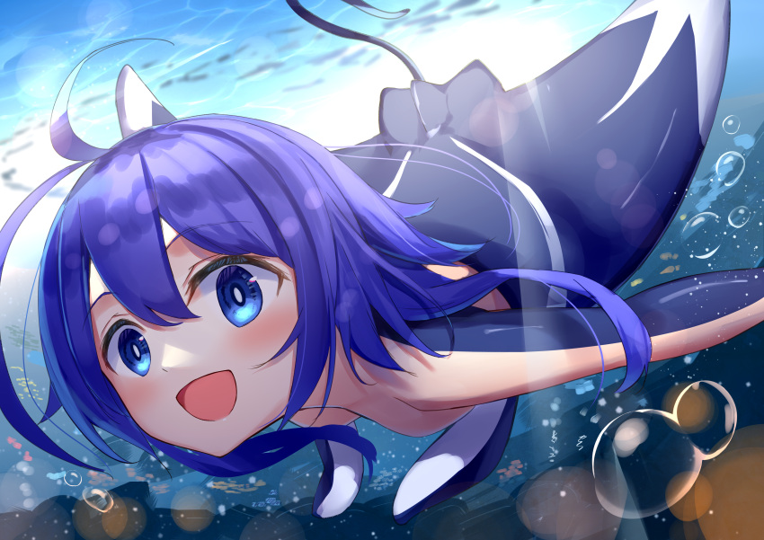 1girl :d absurdres ahoge air_bubble akinakesu-chan bangs blue_eyes blue_hair blurry blurry_background bubble commentary_request commission day depth_of_field hair_between_eyes highres looking_at_viewer mermaid monster_girl original outdoors romaji_commentary smile solo swimming underwater water