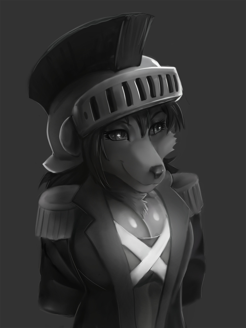 3:4 anthro armor canid chest_tuft clothing ellen_heart female fur general-irrelevant grey_background headgear helmet hi_res looking_aside mammal military_uniform portrait simple_background smile solo tuft uniform