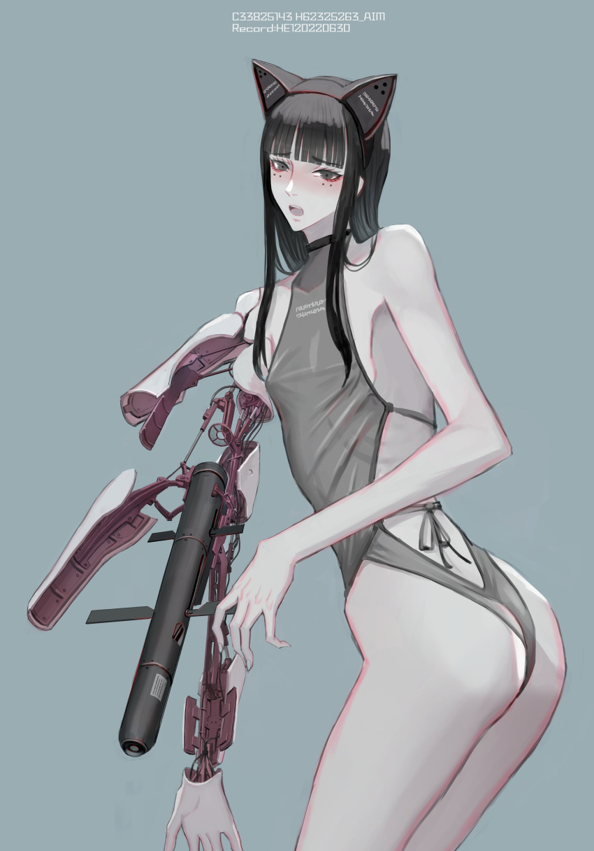 1girl absurdres android animal_ears arm_cannon ass black_eyes black_hair blue_background blush cat_ears fake_animal_ears grey_swimsuit hair_behind_ear highres jittsu mechanical_ears missile one-piece_swimsuit open_mouth original solo swimsuit twisted_torso weapon