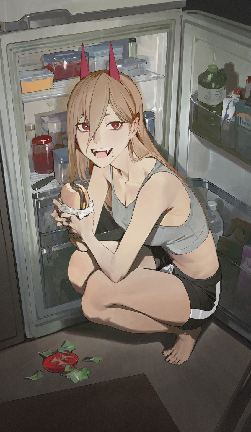 1girl absurdres bangs bare_shoulders black_shorts breasts bright_pupils burger chainsaw_man cleavage collarbone crop_top fangs food food_on_face grey_shirt groin gym_shorts hair_between_eyes highres holding holding_food horns jar kneeling lettuce light_brown_hair long_hair looking_at_viewer medium_breasts modare open_mouth plastic_bottle power_(chainsaw_man) red_eyes red_horns refrigerator sharp_teeth shirt short_eyebrows short_shorts shorts single_vertical_stripe sleeveless sleeveless_shirt smile solo straight_hair teeth tiptoes tomato_slice tsurime white_pupils