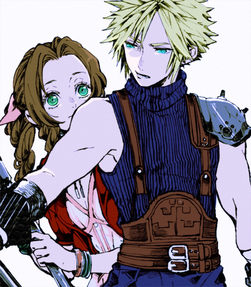 1boy 1girl aerith_gainsborough aqua_eyes armor ashinamaturi bangs belt blonde_hair blue_pants blue_shirt braid braided_ponytail breasts brown_hair buttons cleavage cloud_strife dress earrings final_fantasy final_fantasy_vii final_fantasy_vii_remake gloves green_eyes hair_between_eyes hair_ribbon highres holding holding_staff jacket jewelry lower_teeth medium_breasts multiple_belts multiple_bracelets muscular necklace open_mouth outstretched_arm pants parted_bangs pink_dress red_jacket ribbon shirt shoulder_armor sidelocks single_earring sleeveless sleeveless_turtleneck spiked_hair staff suspenders teeth turtleneck upper_body wavy_hair white_background
