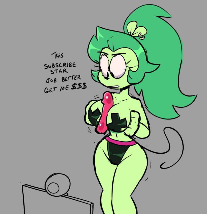 aged_up anthro big_breasts breasts camera cartoon_network clothing computer digital_media_(artwork) dildo ear_piercing ear_ring english_text female fink_(ok_k.o.!_lbh) fur green_body green_fur green_hair hair hi_res looking_down mammal monamania mouse murid murine navel nipple_tape ok_k.o.!_let's_be_heroes open_mouth panties pasties piercing rat ring_piercing rodent sex_toy simple_background solo tape text underwear webcam