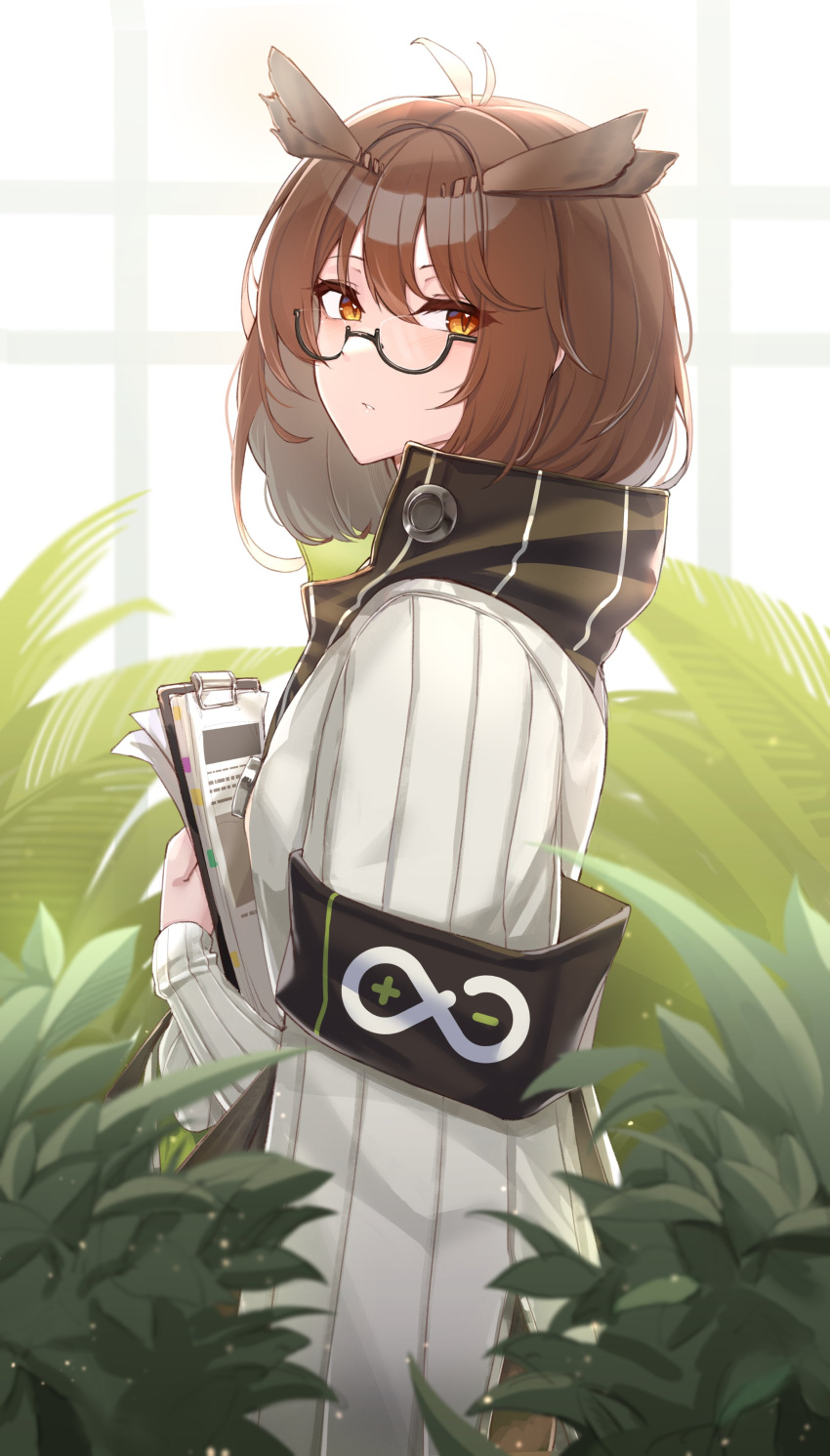 1girl absurdres antenna_hair arknights armband brown_eyes brown_hair from_side glasses highres holding holding_clothes jacket kanta_(kanta_077) leaf long_sleeves looking_at_viewer owl_ears plant rhine_lab_logo ribbed_jacket semi-rimless_eyewear short_hair silence_(arknights) solo under-rim_eyewear white_jacket