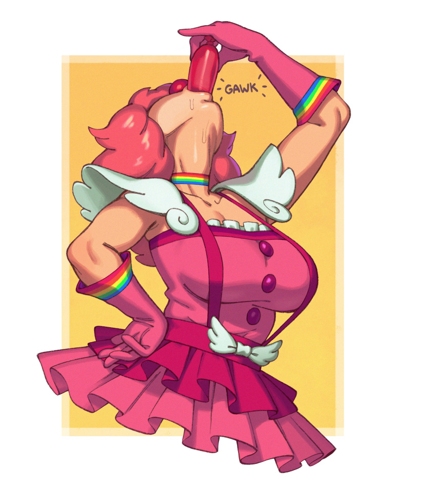 1girl absurdres ace_attorney balloon bangs blush breasts choker cleavage clown clown_nose dress fellatio frills geiru_toneido gloves highres holding irrumatio large_breasts looking_at_viewer makeup medium_hair multicolored_clothes open_mouth oral phallic_symbol phoenix_wright:_ace_attorney_-_spirit_of_justice pink_dress pink_gloves pink_hair rainbow riz saliva sexually_suggestive simulated_fellatio sleeveless smile solo suspenders