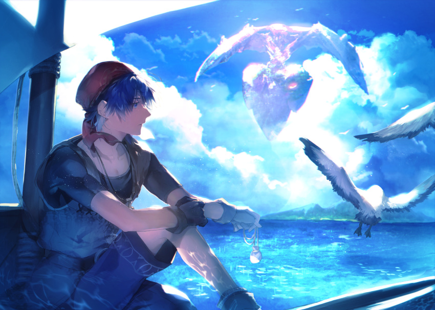 1boy amulet armor bandana belt bird black_shirt blue_eyes blue_hair blue_shorts boat boots chainmail chrono_cross cloud cloudy_sky floating_island gloves hair_between_eyes highres holding holding_jewelry holding_necklace island jewelry mast necklace ocean pendant profile red_bandana sail sailboat serge_(chrono_cross) shirt short_hair shorts sitting sky solo sunakumo t-shirt watercraft wings