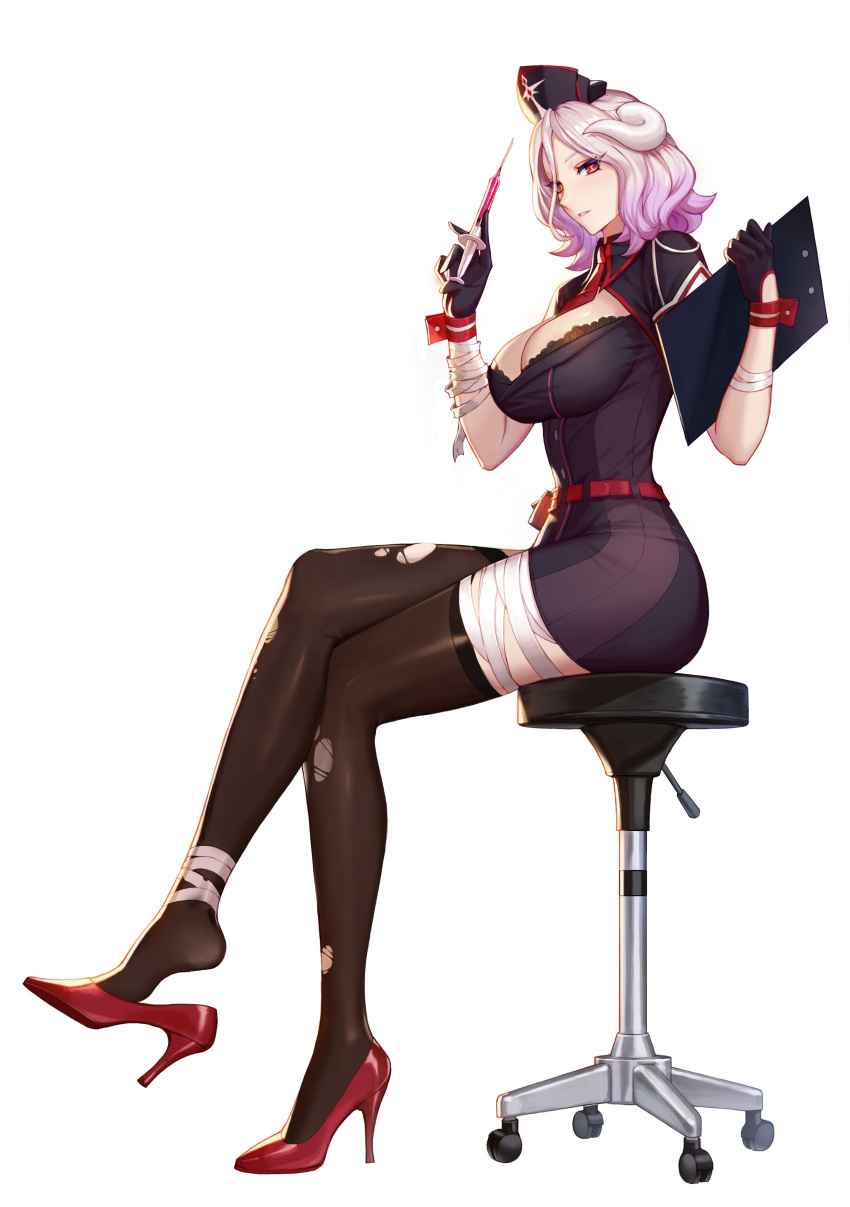 1girl absurdres bandages bangs belt black_gloves black_legwear breasts chair cleavage clipboard commentary_request crossed_legs demon_horns full_body gloves hat high_heels highres holding horns king's_raid large_breasts looking_at_viewer medium_hair nurse_cap official_art parted_lips pink_hair red_eyes red_footwear shiny shiny_clothes shiny_skin short_sleeves simple_background sitting skirt solo syringe taejoo_lee thighhighs torn_clothes torn_legwear white_background wrist_cuffs
