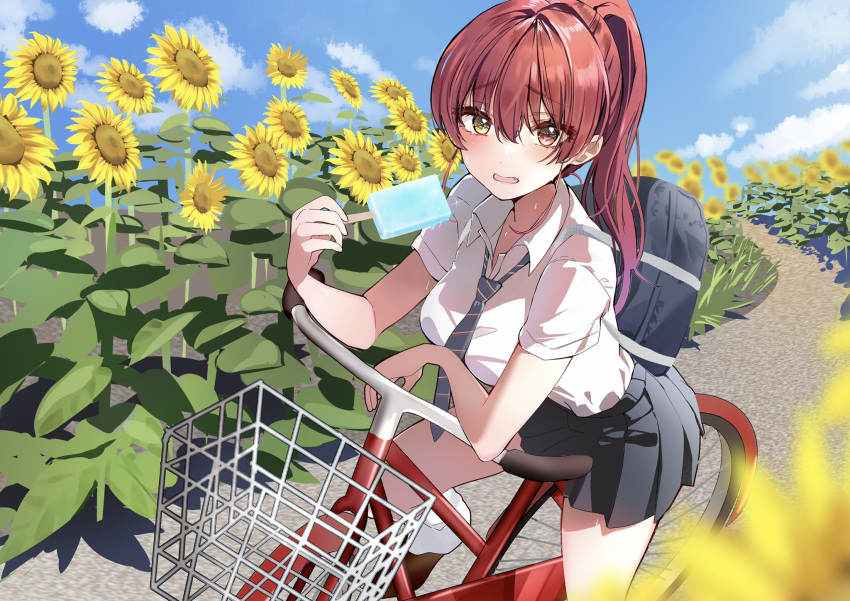 1girl bag bangs bicycle blue_sky blush cloud commentary_request flower food grey_necktie grey_skirt ground_vehicle highres holding holding_food hololive houshou_marine long_hair looking_at_viewer necktie outdoors ponytail popsicle red_hair school_bag school_uniform shirt short_sleeves skirt sky solo striped_necktie summer sunflower white_shirt yoshioka_pochi