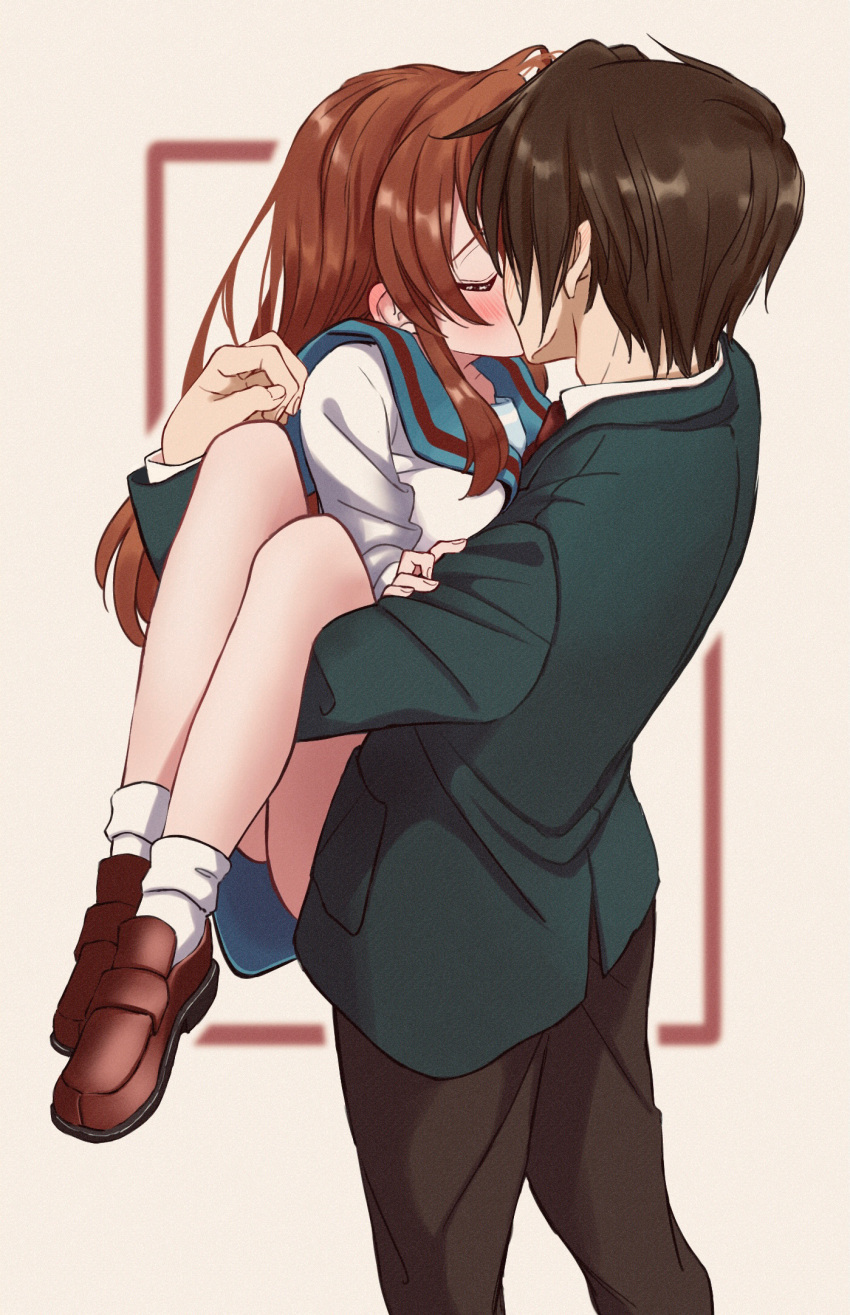 1boy 1girl 621_joker_123 asahina_mikuru black_pants blazer blue_sailor_collar blue_skirt blush brown_footwear brown_hair carrying closed_eyes collared_shirt couple hetero highres implied_kiss jacket kita_high_school_uniform koizumi_itsuki loafers long_hair long_sleeves miniskirt necktie pants princess_carry red_necktie sailor_collar sailor_shirt school_uniform shiny shiny_hair shirt shoes short_hair skirt socks straight_hair suzumiya_haruhi_no_yuuutsu very_long_hair white_legwear white_shirt