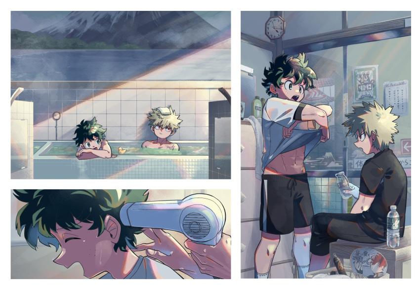 2boys abs absurdres bakugou_katsuki bathhouse bathing black_shirt black_shorts blonde_hair boku_no_hero_academia border bottle clock closed_eyes closed_mouth clothes_lift freckles green_eyes green_hair hair_dryer highres holding holding_bottle holding_hair_dryer indoors lifted_by_self looking_at_another male_focus midoriya_izuku mount_fuji multiple_boys niwa2wa_tori open_mouth partially_submerged poster_(object) red_eyes rubber_duck shirt shirt_lift short_hair short_sleeves shorts sitting socks spiked_hair standing tile_wall tiles towel towel_on_head water water_bottle white_border white_shirt