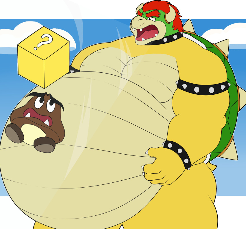 absurd_res anthro belly big_belly bowser duo goomba hair hand_on_stomach hi_res hidi horn imminent_vore inhale koopa male mario_bros muscular muscular_male nintendo open_mouth red_hair reptile scalie sharp_teeth shell spikes teeth tongue turtle vacuum_vore video_games vore
