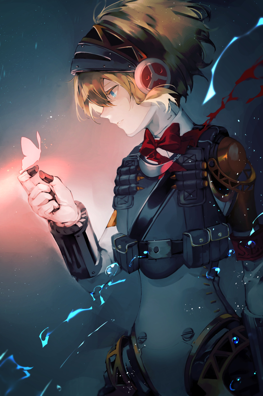 1girl aegis_(persona) android bangs blonde_hair blue_eyes bug bulletproof_vest butterfly closed_mouth hair_between_eyes highres lor_(roasyerizyonirapi) parted_lips persona persona_3 robot short_hair solo