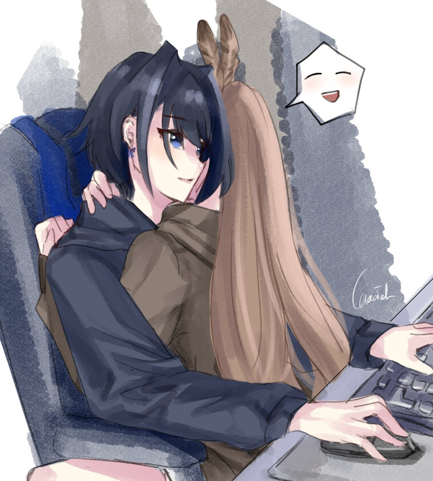 2girls blue_hair blue_hoodie bow bow_earrings brown_hair brown_hoodie chair earrings emoticon feather_hair_ornament feathers glaciel hair_intakes hair_ornament highres hololive hololive_english hood hoodie hug jewelry keyboard_(computer) long_hair mouse_(computer) multiple_girls nanashi_mumei office_chair ouro_kronii ponytail short_hair sitting sitting_on_lap sitting_on_person smile very_long_hair virtual_youtuber yuri