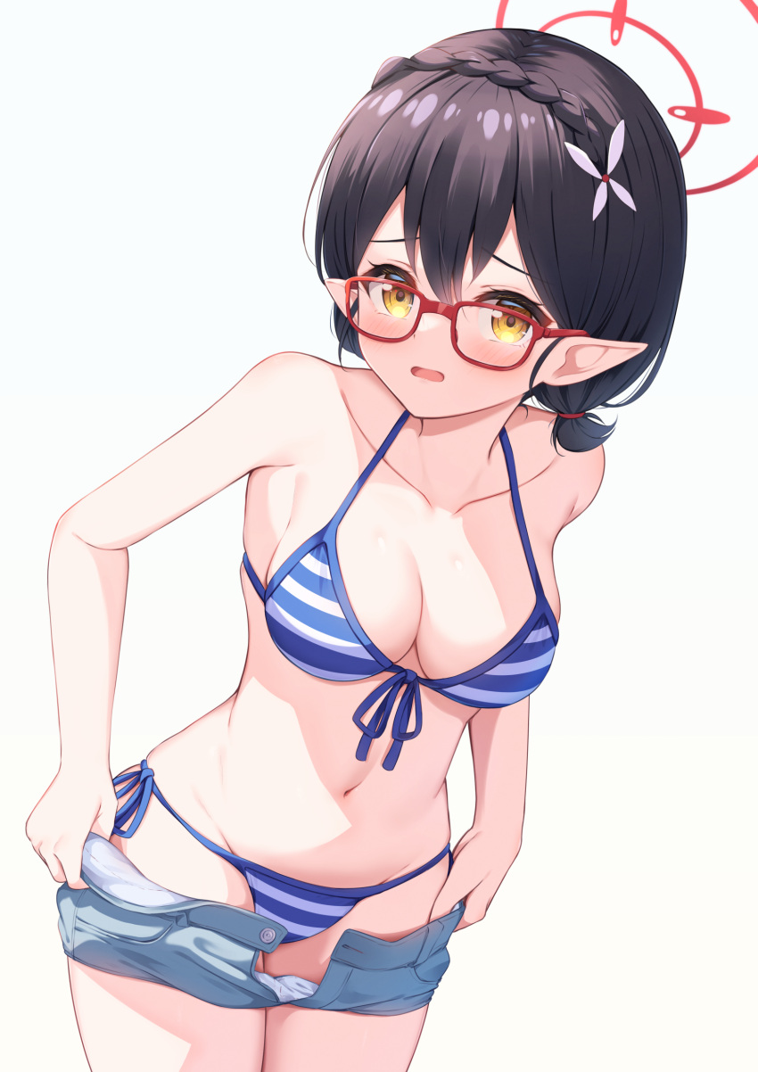 1girl ayane_(blue_archive) ayane_(swimsuit)_(blue_archive) bare_arms bare_shoulders bikini black_hair blue_archive blue_bikini blue_shorts braid breasts cleavage clothes_pull collarbone cowboy_shot french_braid front-tie_bikini front-tie_top frown glasses halo halter_top halterneck highres looking_at_viewer medium_breasts medium_hair miso_(misomiso_154) navel open_clothes open_fly open_mouth pointy_ears red-framed_eyewear short_shorts shorts shorts_pull side-tie_bikini solo stomach string_bikini striped striped_bikini swimsuit undressing yellow_eyes