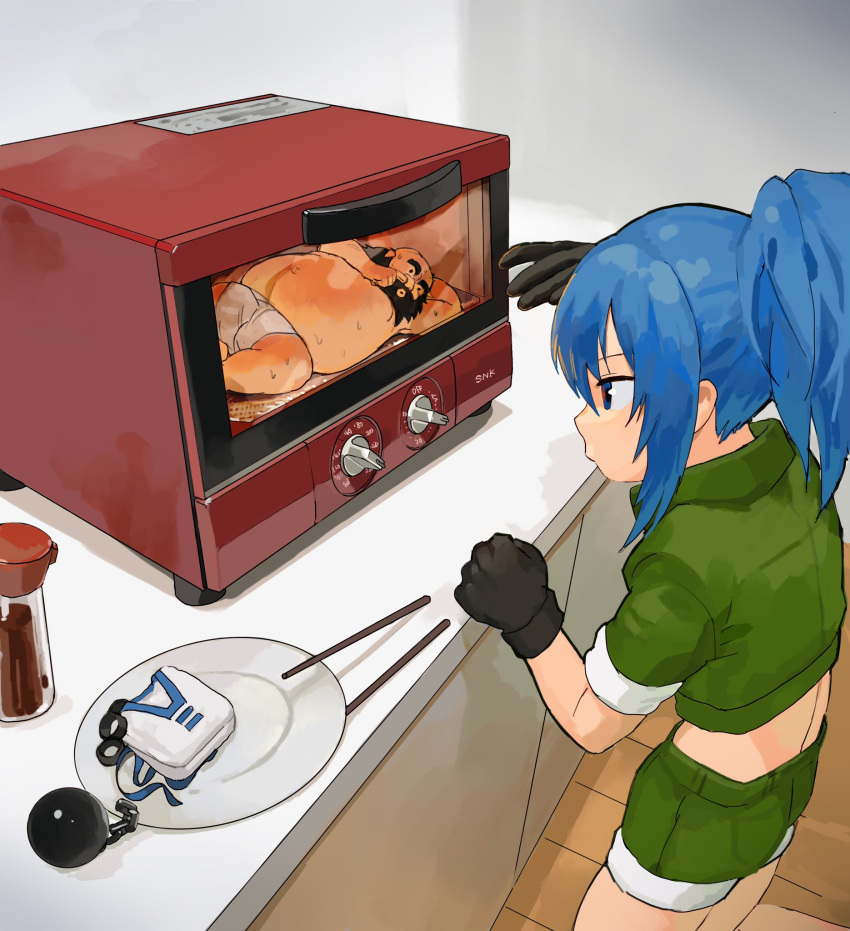 1boy 1girl bangs blue_eyes blue_hair chang_koehan chibi chopsticks clothing_aside cooking green_jacket green_shorts highres jacket leona_heidern microwave oni_gini plate ponytail shorts soy_sauce sweat the_king_of_fighters