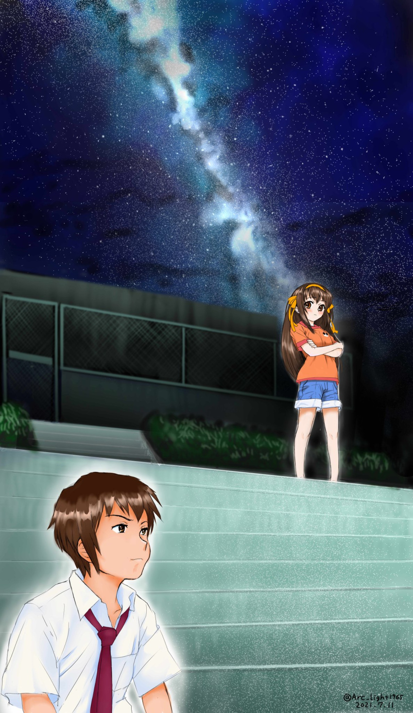 1boy 1girl arc_light artist_name bangs blue_shorts blush brown_eyes brown_hair casual closed_mouth commentary_request crossed_arms dated denim denim_shorts hair_ribbon hairband highres kita_high_school_uniform kyon long_hair necktie night night_sky orange_shirt outdoors red_necktie ribbon school_uniform shirt short_hair short_sleeves shorts sky smile solo stairs star_(sky) starry_sky suzumiya_haruhi suzumiya_haruhi_(young) suzumiya_haruhi_no_yuuutsu twitter_username watermark white_shirt yellow_hairband yellow_ribbon younger