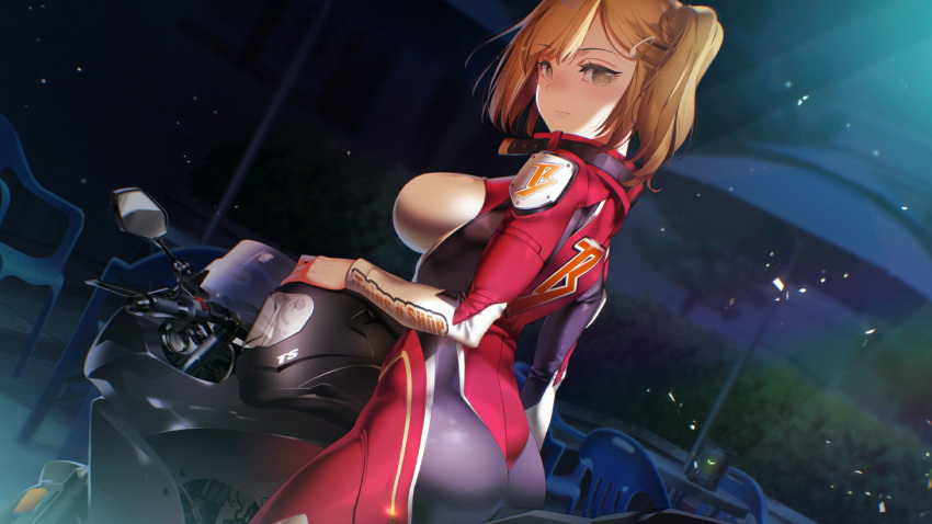 1girl bang-yena_(some_some_convenience_store) bangs blonde_hair blush bodysuit breasts bush closed_mouth collar from_behind game_cg ground_vehicle hair_ornament hairclip helmet highres long_hair long_sleeves looking_at_viewer looking_back motor_vehicle motorcycle side_ponytail sitting solo some_some_convenience_store talesshop upper_body yellow_eyes