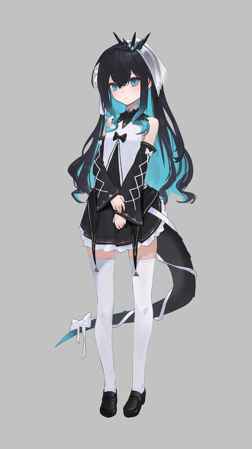 1girl black_dress black_footwear black_hair blue_eyes blue_hair blush closed_mouth colored_inner_hair crown detached_sleeves dress full_body grey_background haiz_(vtuber) highres long_sleeves looking_at_viewer monstar_(company) multicolored_hair shoes short_dress simple_background skindentation slit_pupils solo tail thighhighs two-tone_hair veil white_legwear whitem_(whiteemperor2020) zettai_ryouiki