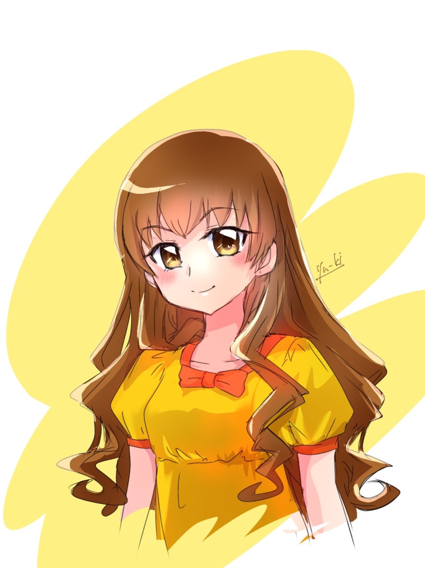 1girl alternate_hair_length alternate_hairstyle bangs bow brown_eyes brown_hair closed_mouth collarbone cropped_torso earrings hair_between_eyes heartcatch_precure! highres jewelry long_hair looking_at_viewer manekineko5319 myoudouin_itsuki orange_bow precure shirt short_sleeves sketch smile solo straight_hair upper_body very_long_hair yellow_shirt