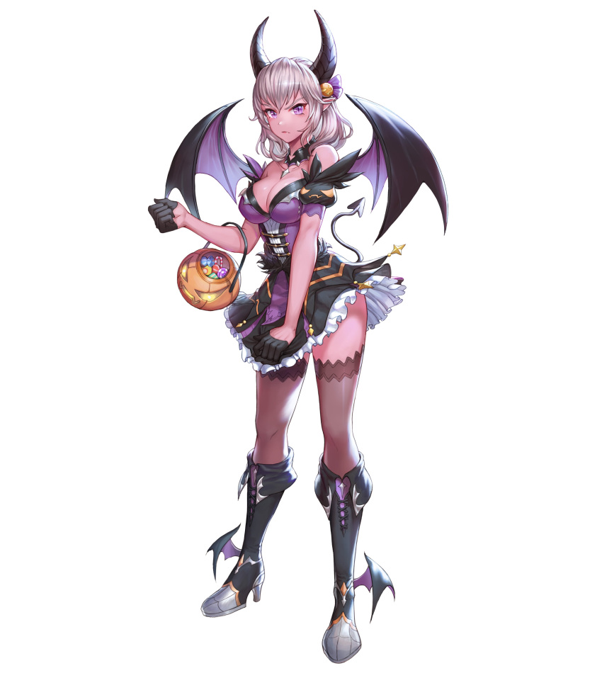 1girl absurdres bangs bare_shoulders black_legwear boots breasts candy cleavage closed_mouth collarbone commentary_request demon_girl demon_horns demon_tail demon_wings detached_collar dress food full_body gloves hair_ornament halloween_bucket halloween_costume high_heel_boots high_heels highres horns king's_raid knee_boots large_breasts lips looking_at_viewer medium_hair official_art pointy_ears puffy_short_sleeves puffy_sleeves purple_eyes serious shiny shiny_clothes shiny_hair shiny_skin short_dress short_sleeves simple_background skirt skirt_hold solo standing taejoo_lee tail thighhighs thighs white_background white_hair wings zettai_ryouiki
