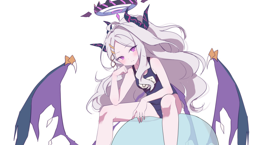 1girl absurdres bare_arms blue_archive blue_swimsuit blush cheek_rest closed_mouth demon_horns demon_wings feet_out_of_frame goyain grey_hair hair_ornament hairclip halo highres hina_(blue_archive) hina_(swimsuit)_(blue_archive) horns long_hair looking_at_viewer multiple_horns one-piece_swimsuit purple_eyes school_swimsuit simple_background sitting solo swimsuit white_background wings