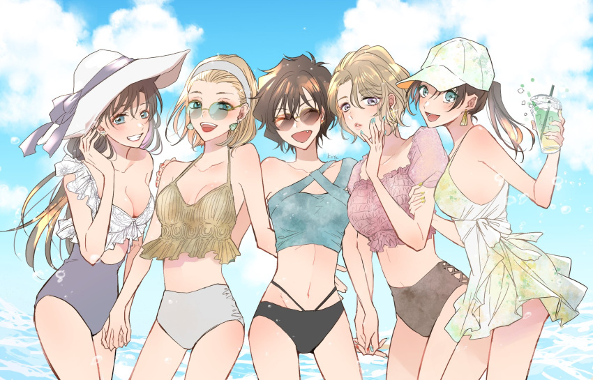 5girls :d aqua_nails bangs baseball_cap bikini blonde_hair blue_eyes blue_sky breasts brown_hair cleavage closed_eyes cloud collarbone commentary_request cup day drink earrings fang glasses green_eyes grin hairband hand_up happy hat highres holding holding_cup holding_hands hucchaina interlocked_fingers jewelry large_breasts long_hair looking_at_viewer medium_breasts meitantei_conan midriff mouri_ran multiple_girls nail_polish navel ocean oooka_momiji outdoors parted_lips ponytail purple_eyes red_nails round_eyewear sera_masumi short_hair signature sky small_breasts smile standing sun_hat sunglasses suzuki_sonoko swimsuit teeth tooyama_kazuha upper_teeth white_hairband white_headwear