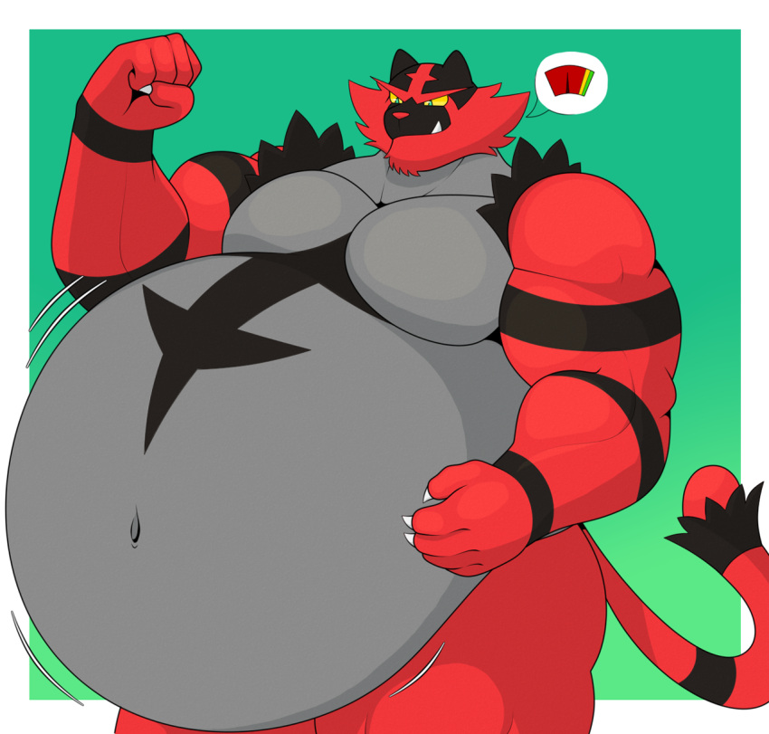 anthro belly big_belly felid feline flexing green_eyes hand_on_stomach hi_res hidi incineroar male mammal muscular muscular_arms muscular_male navel nintendo pantherine pecs pok&eacute;mon pok&eacute;mon_(species) solo tiger video_games yellow_sclera