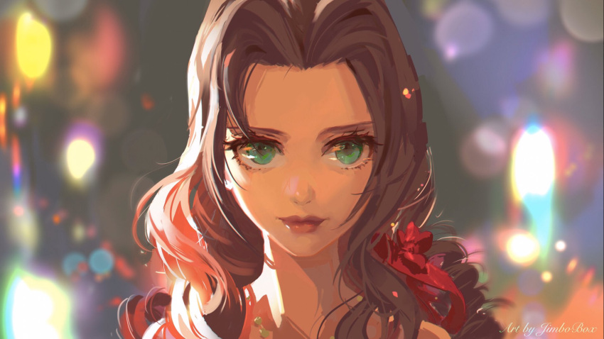 1girl aerith_gainsborough bangs blurry bokeh brown_hair depth_of_field final_fantasy final_fantasy_vii final_fantasy_vii_remake flower green_eyes hair_flower hair_ornament hair_ribbon highres james_ghio lips long_hair looking_at_viewer official_alternate_costume parted_bangs ribbon sidelocks solo upper_body wavy_hair