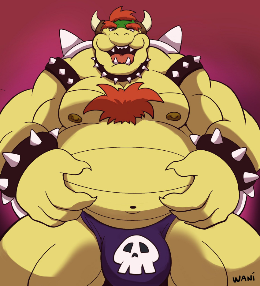 anthro belly big_belly body_hair bowser bulge chest_hair clothing hair hi_res horn koopa male mario_bros mature_male muscular muscular_male navel nintendo open_mouth overweight overweight_male red_hair reptile scalie sharp_teeth solo spikes strongfat teeth thong tongue turtle underwear video_games wani_panic