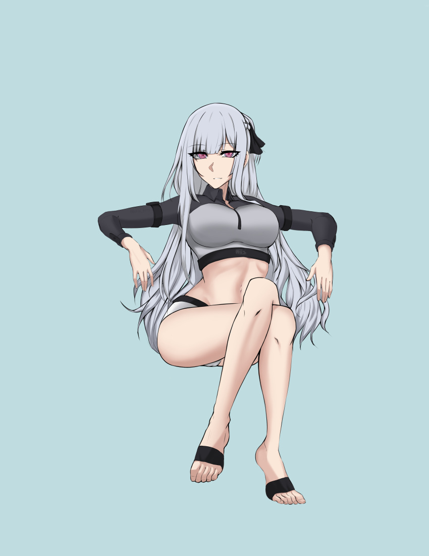 1girl absurdres ak-12_(age_of_slushies)_(girls'_frontline) ak-12_(girls'_frontline) bangs bare_legs barefoot blue_background breasts closed_mouth crossed_legs defy_(girls'_frontline) english_commentary feet full_body girls'_frontline hair_ribbon highres legs long_hair long_sleeves looking_at_viewer matsu_arts medium_breasts navel official_alternate_costume on_floor purple_eyes ribbon simple_background sitting solo sports_bikini sports_swimsuit thighs toes white_hair