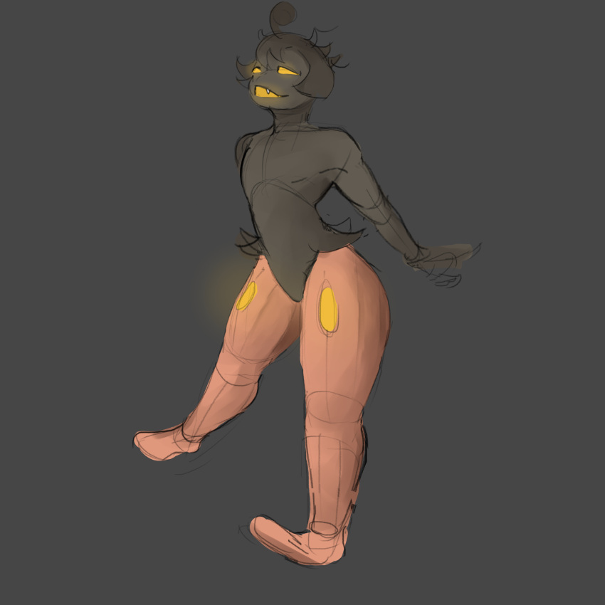 absurd_res ambiguous_clothing ambiguous_gender anthro arms_back cute_expression cute_fangs floating food fruit glowing glowing_eyes glowing_mouth guide_lines hair hi_res i_will_dance_only_if_the_beat_is_funky nintendo plant pok&eacute;mon pok&eacute;mon_(species) pumpkaboo pumpkin sketch smile solo thick_thighs video_games