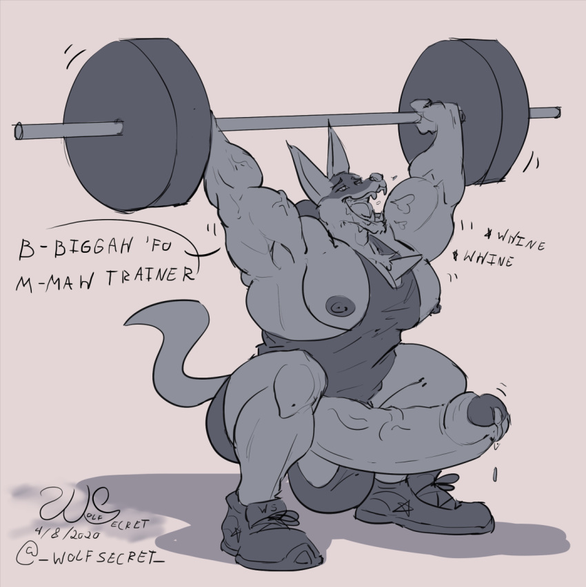 anthro balls bodily_fluids crouching cum cum_drip dripping drooling erection exercise genital_fluids genitals hi_res lucario male muscular muscular_male nintendo open_mouth penis pok&eacute;mon pok&eacute;mon_(species) saliva solo veiny_muscles video_games weightlifting wolfsecret workout