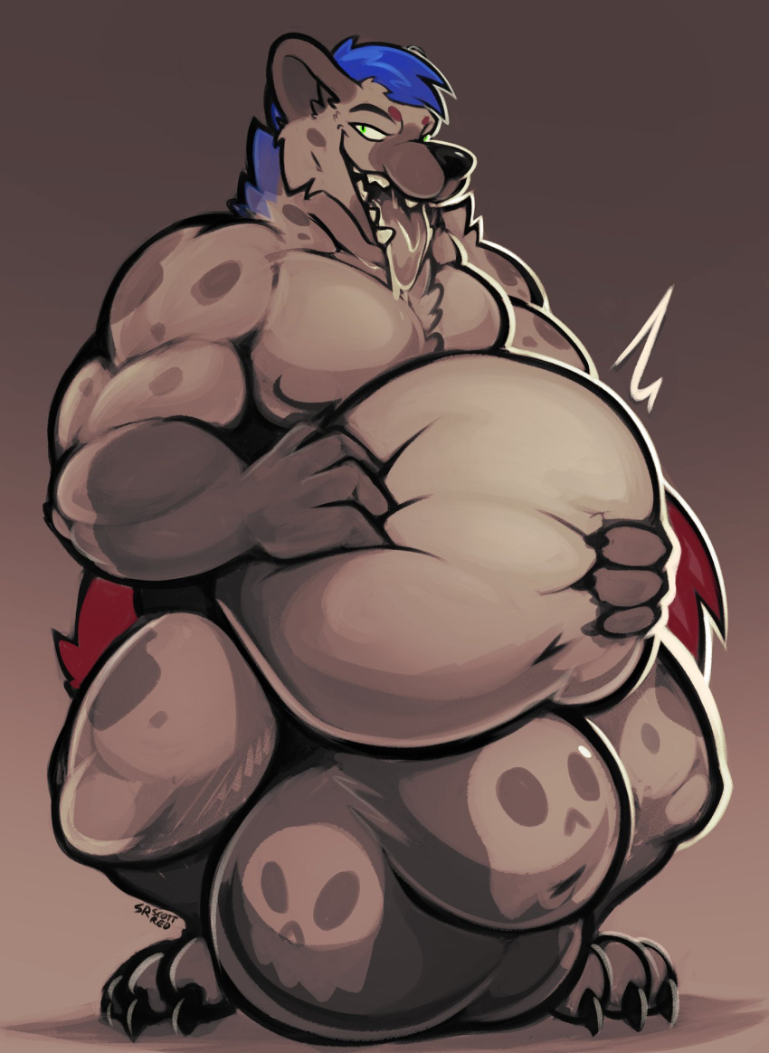 anthro belly big_belly big_bulge blue_hair bodily_fluids brown_body brown_fur bulge drooling fur green_eyes hair hand_on_stomach hi_res hyaenid male mammal muscular muscular_male overweight overweight_male saliva scottred solo tongue tongue_out